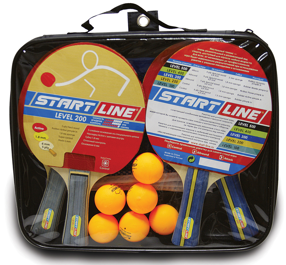 Набор для настольного тенниса START LINE: 4 Ракетки Level 200, 6 Мячей Club Select, сетка с креплением. #1