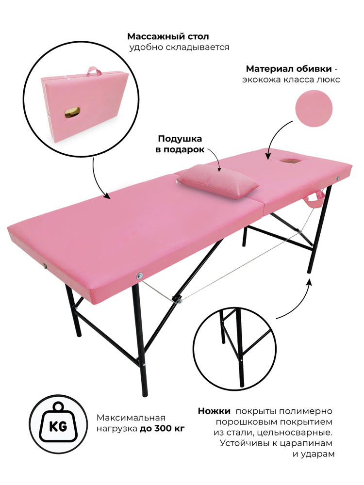 Массажный стол, кушетка косметолога, с вырезом для лица, 180х60 Розовый  #1