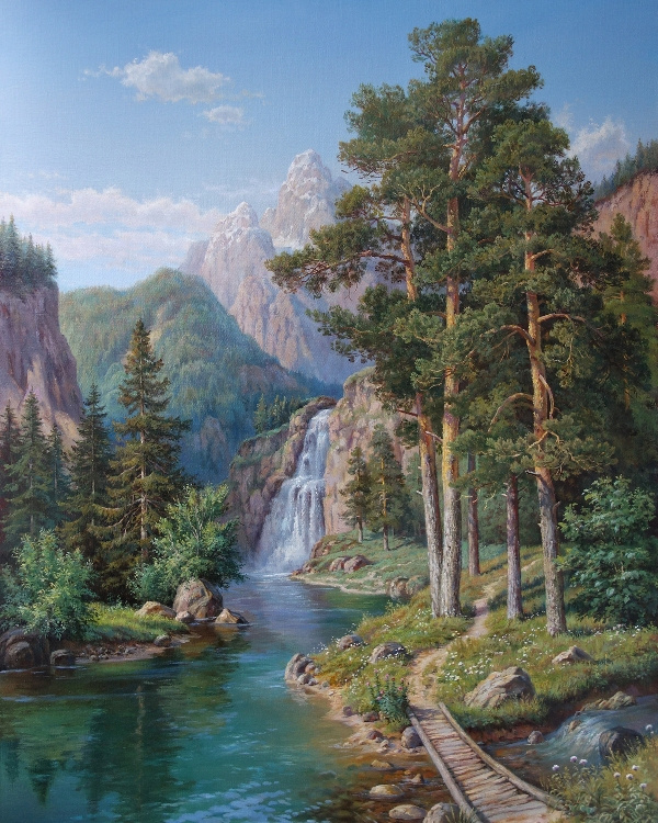 Картина по номерам на холсте 40x50 40 х 50 с подрамником DVEKARTINKI Водопад среди гор в лесу  #1