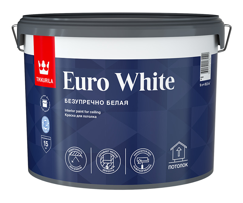 Краска Tikkurila EURO WHITE для потолка белая глубокоматовая 9л #1