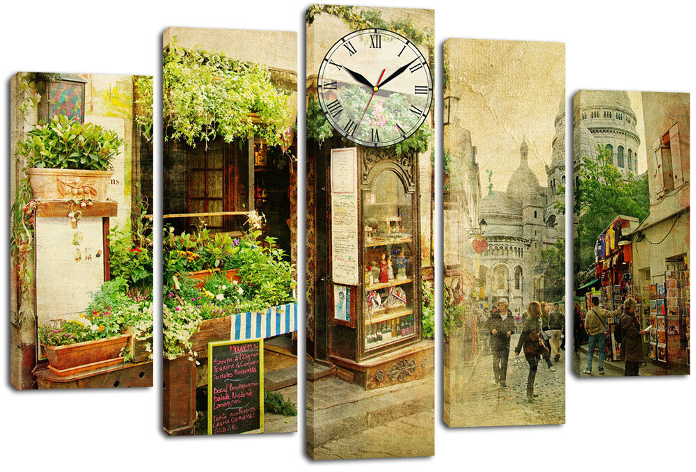 Модульная картина с часами / Часы на холсте Улочки Парижа 140х80 см.  #1