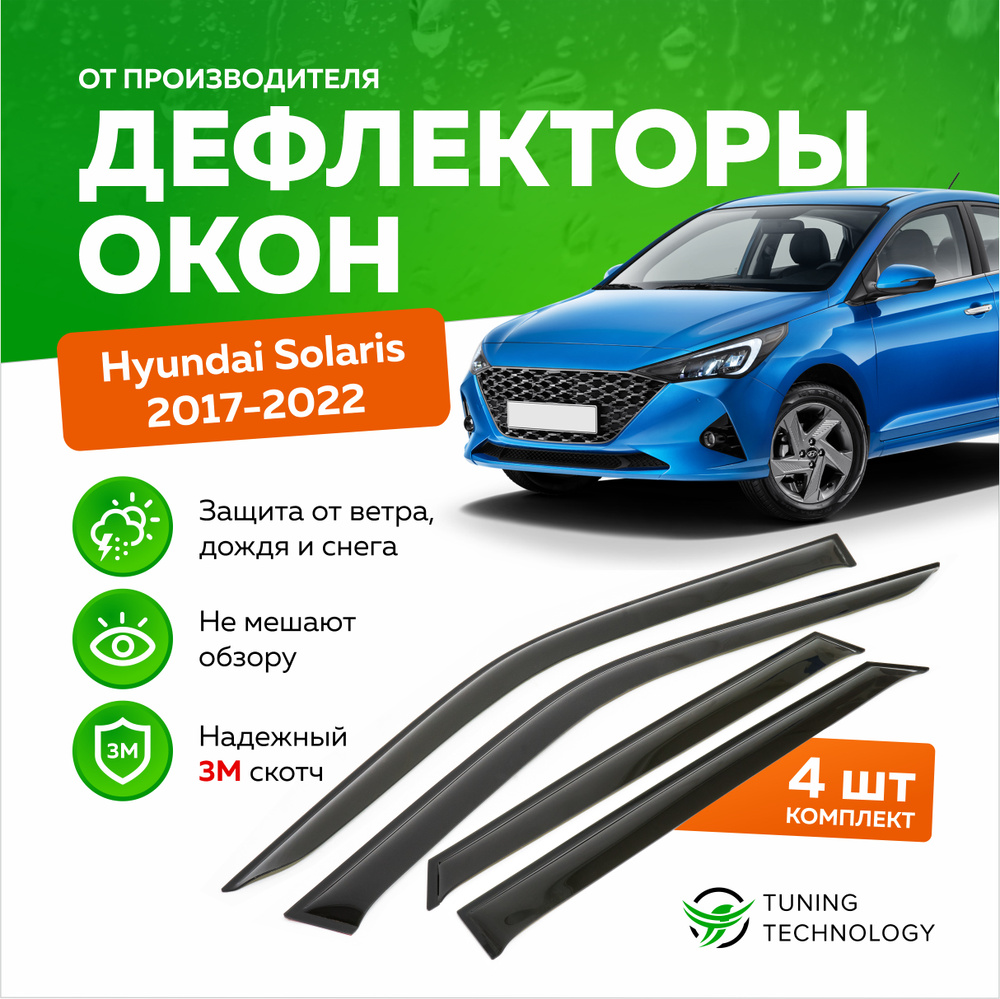 Дефлекторы боковых окон Hyundai Solaris 2 (Хендай Солярис) 2017-2023, ветровики на двери автомобиля, #1