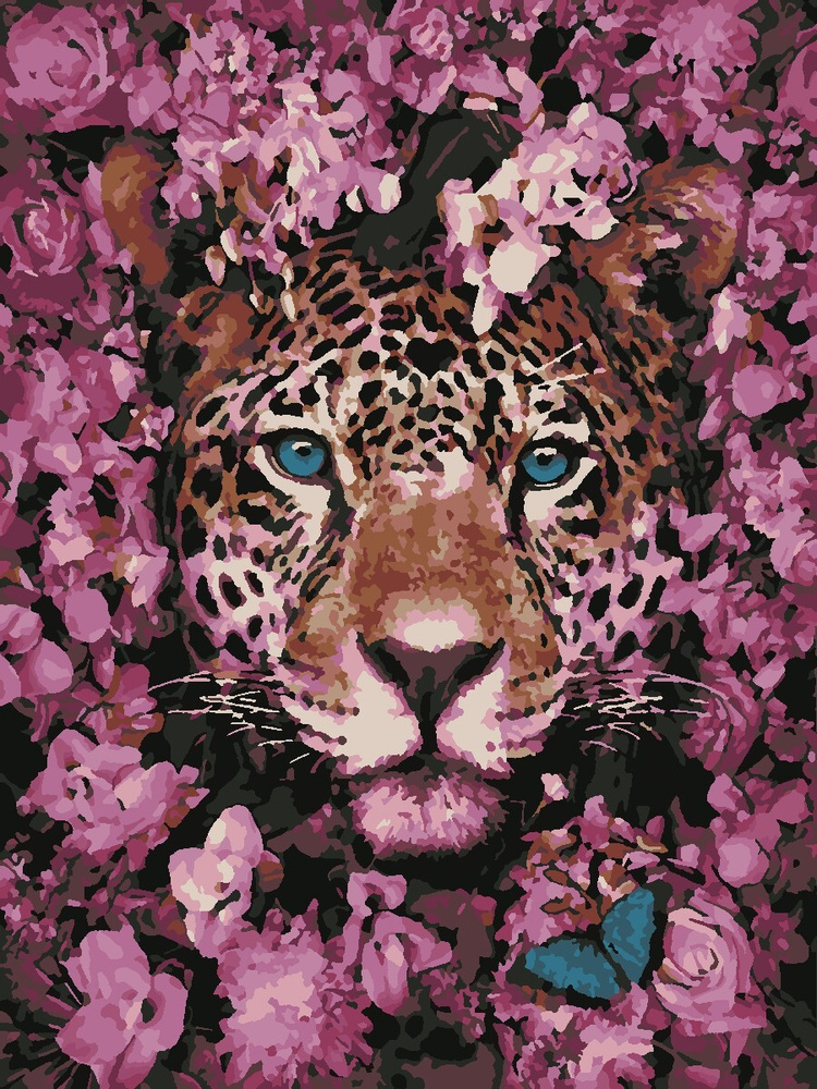 Картина по номерам Hobruk "Леопард в цветах." на холсте на подрамнике 50х40, раскраска по номерам, набор #1