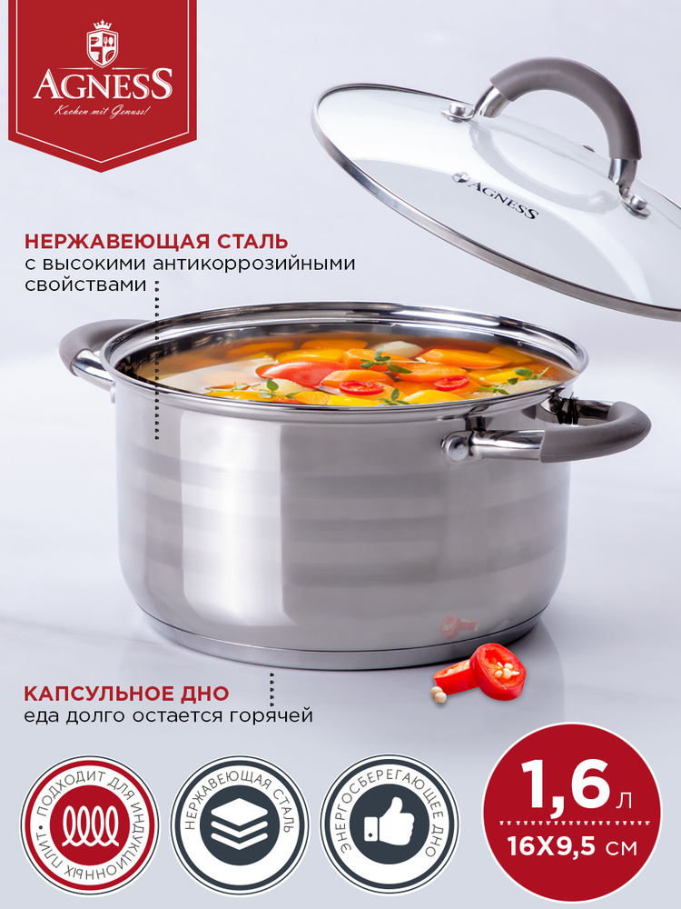 Кастрюля AGNESS "CLASSIC" со стеклянной крышкой 1,6 л 16 х 9,5 см #1