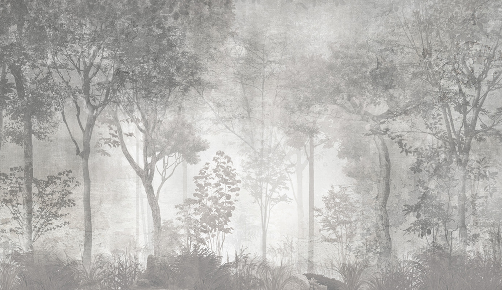 Фотообои GrandPik 26027 Лофт "Лес, деревья в тумане, винтаж, серые", 350х200 см(Ширина х Высота)  #1