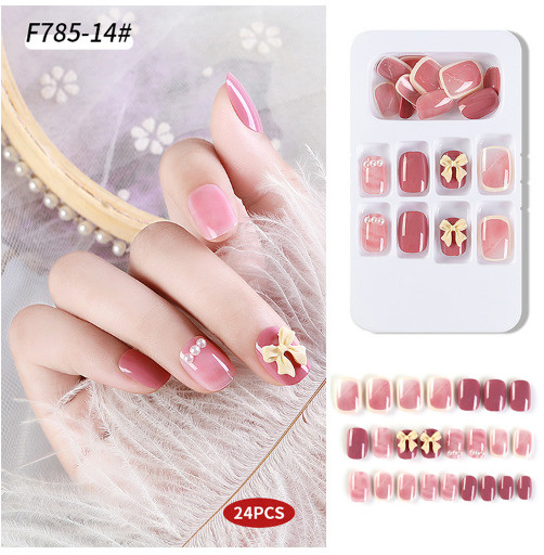 Набор накладных ногтей с дизайном из камней/страз, 24шт (розовый, мрамор, бантик)  #1