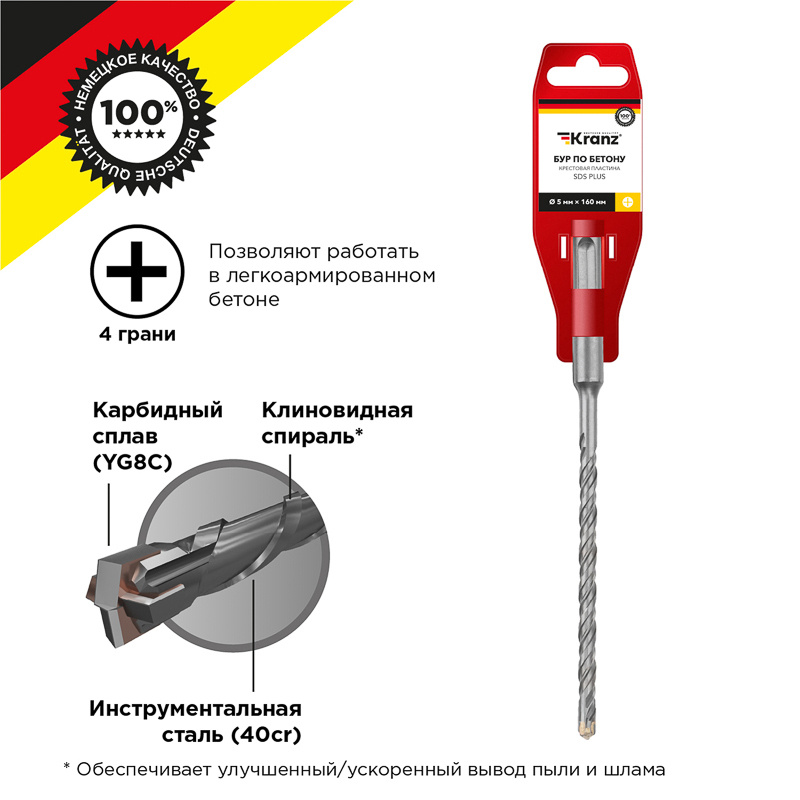 Бур по бетону для дрели, шуруповерта и перфоратора Kranz 5x160x100 мм крестовая пластина SDS PLUS  #1