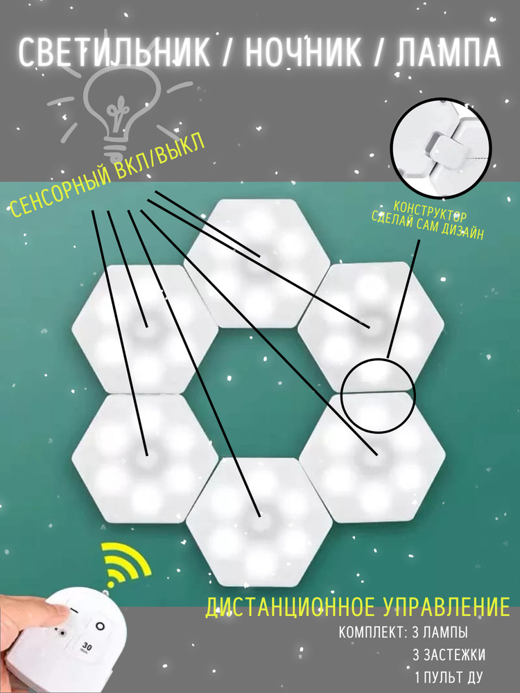 Светильник светодиодный белый сенсорная 3 шт + пульт / Стильный ночник для оформления дома / LED подсветка #1