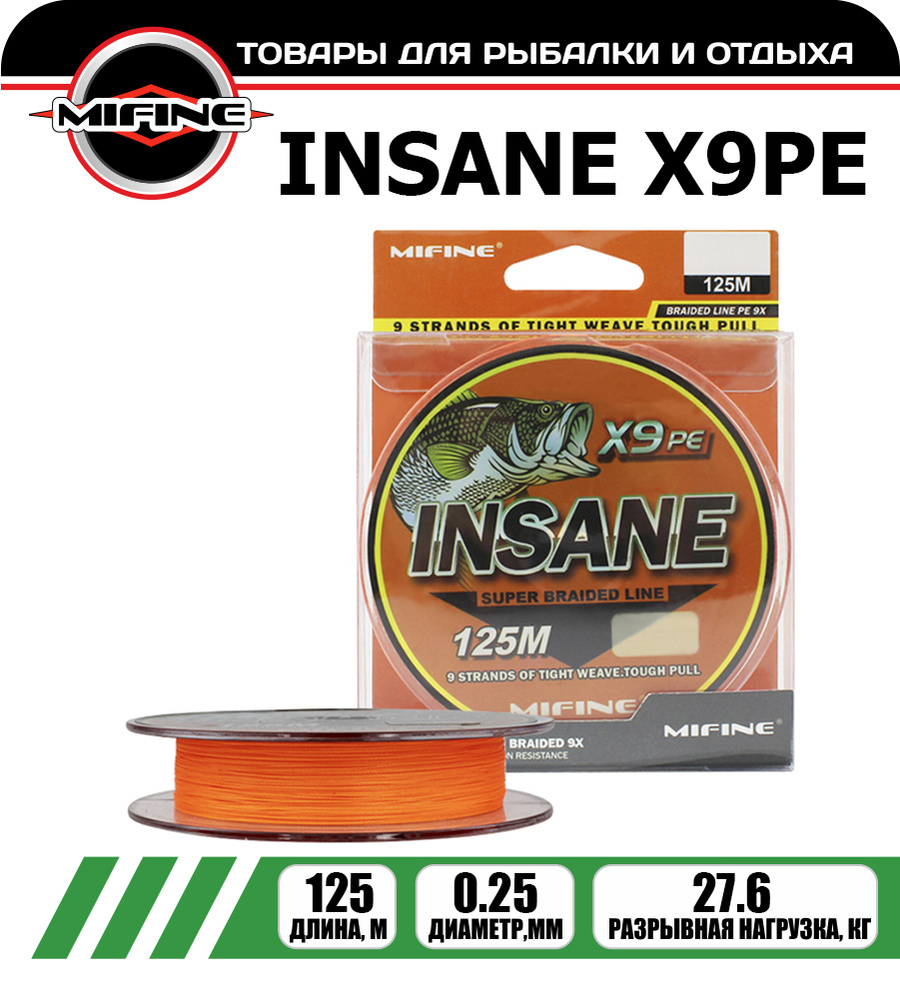 Плетеный шнур для рыбалки MIFINE INSANE X9PE (125м); (d - 0,25мм); (тест - 27,6кг)  #1