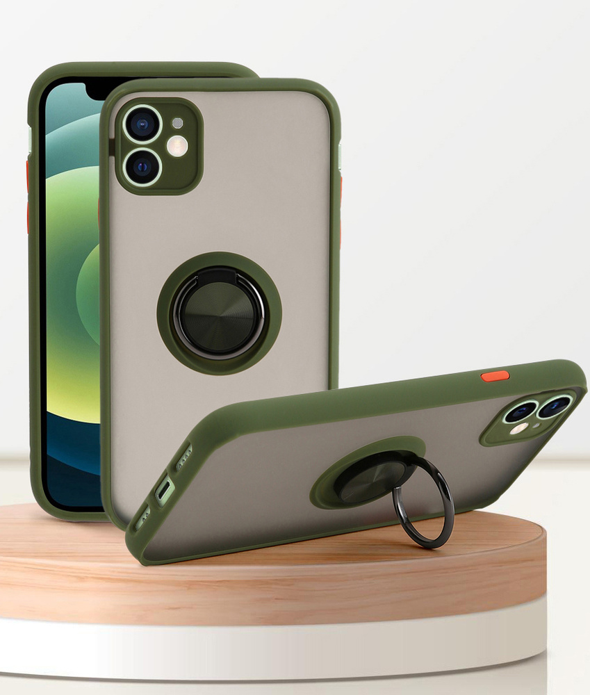 Чехол на айфон 12 мини / iphone 12 mini, хаки, с кольцом, магнитный, подставка, защита камеры  #1