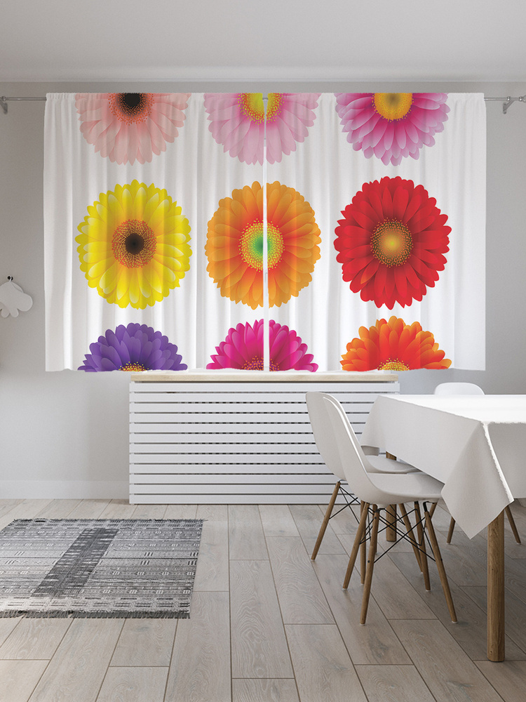 Фотошторы для кухни и спальни JoyArty "Герберы разных цветов", 2 полотна со шторной лентой шириной по #1
