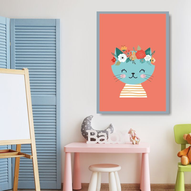 Холст для интерьера "Животные Цветы Кошка" 40 х 30 см. Плакат / картина на стену для кухни / дома / спальни #1