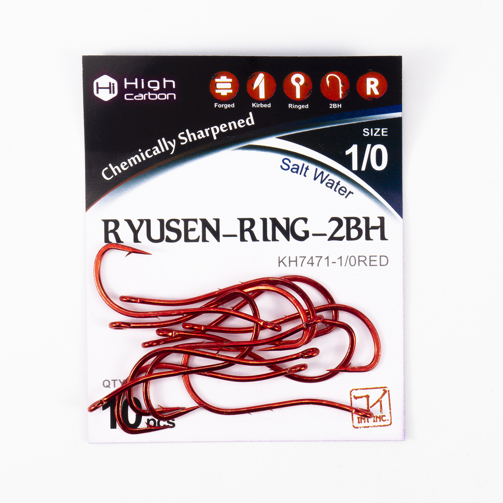 Крючки для рыбалки 10штук KOI Ryusen-Ring-2BH №1/0, цвет RED #1