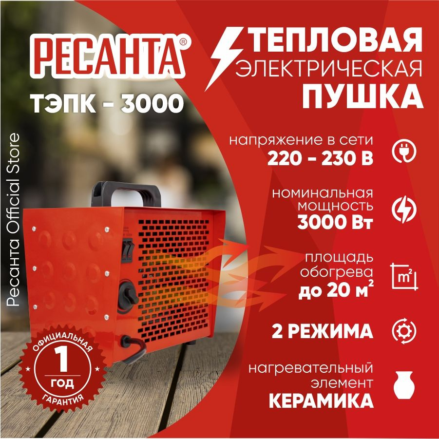 Тепловая электрическая пушка ТЭПК-3000 Ресанта - 3000 Вт, керамический нагревательный элемент, обогреватель #1