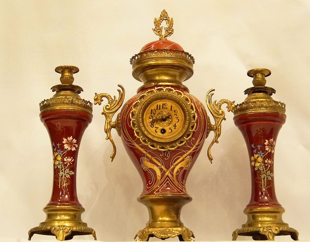 Часы антикварные бронзовый каминный гарнитур, Франция 19 век.  #1