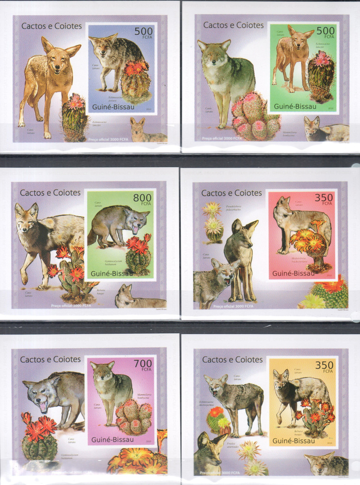Набор марок 6 люкс блоков Койоты и Кактусы Гвинея-Бисау 2010 год  #1