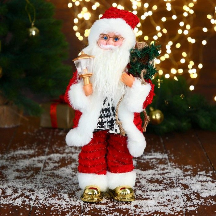 Дед Мороз "В свитере и блестящей шубке с белым мехом" двигается, фонарь светится, 15х35 см  #1
