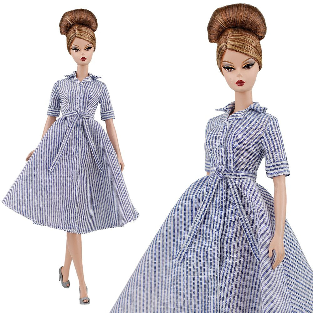 Платье-рубашка в бело-голубую полоску для кукол 29 см одежда для куклы типа Барби, Poppy Parker, Fashion #1
