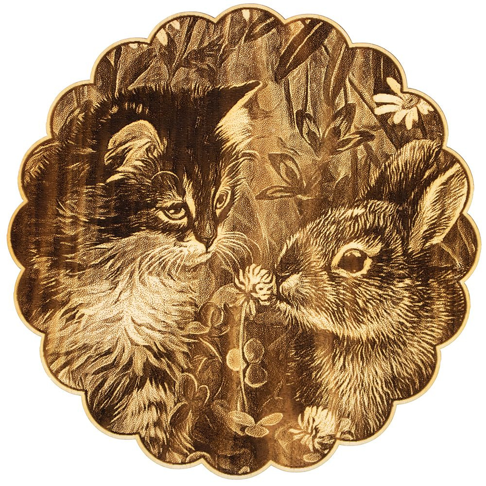 Подставка под горячее из кедра "Зайчик и котенок с клевером и ромашками" Подарки на новый год 2024  #1