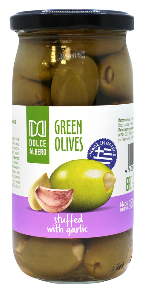 Оливки DOLCE ALBERO Зелёные фаршированные чесноком, 350 г, Греция  #1
