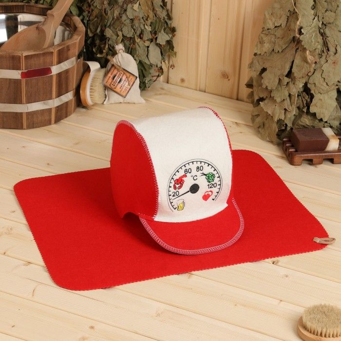 Набор для бани: шапка и коврик "Градусы" красный #1