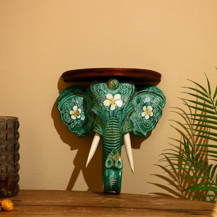 Панно настенное "Голова слона" албезия, зеленый, 30х12х32 см  #1