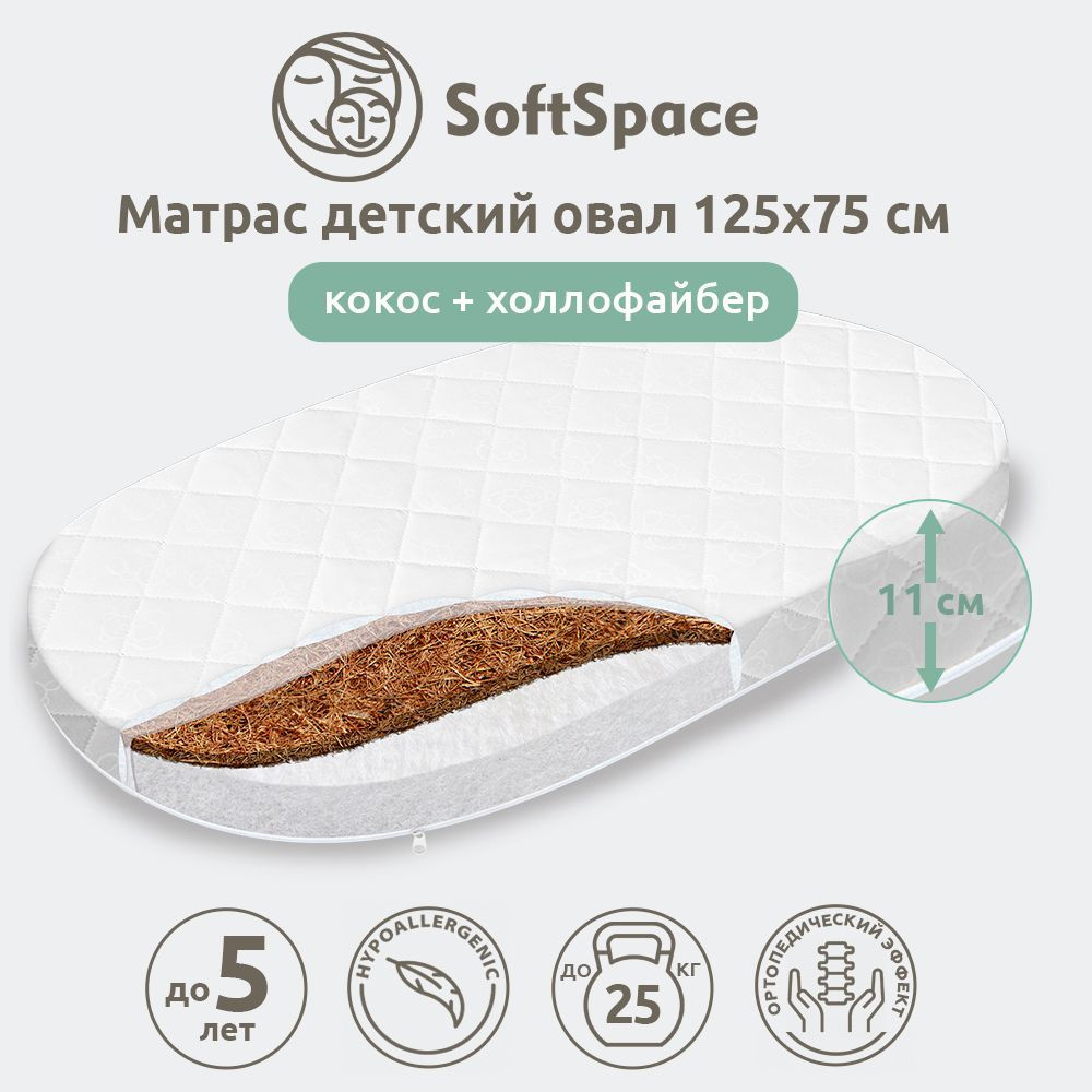 Матрас детский SoftSpace 125х75 см в кроватку для новорожденного, со съемным чехлом, холлофайбер/кокос, #1