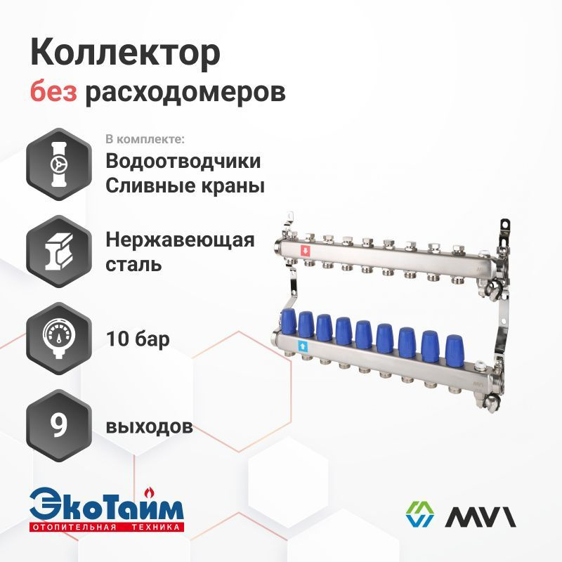 MVI Коллектор без расходомеров в комплекте с воздухоотводчиками и сливными кранами 9 выходов / контуров #1