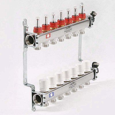 Коллекторная группа из нержавеющей стали с термостатическими вентилями и расходомерами UNI-FITT 1"x3/4"ЕК #1