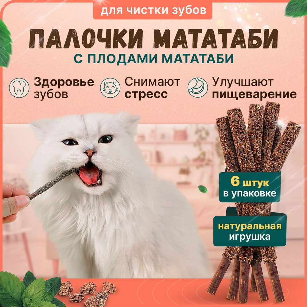 Игрушка для кошек, котов и котят. Палочки мататаби для чистки зубов в обсыпке из плодов мататаби, 6 палочек #1