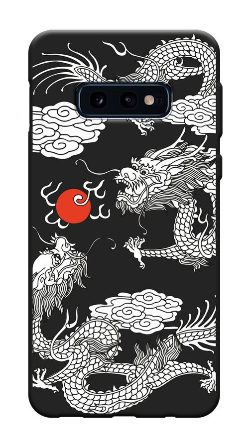Матовый силиконовый чехол на Samsung Galaxy S10E / Самсунг S10E Драконы и Солнце, черный  #1