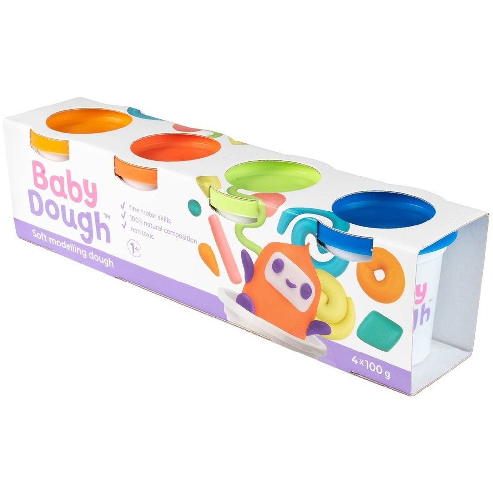 Тесто для лепки BabyDough, набор 4 цвета (синий, нежно-зеленый, красный, оранжевый)  #1