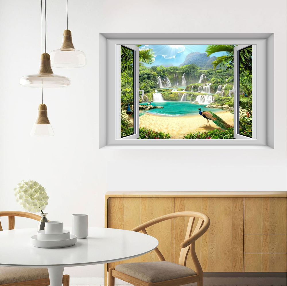 Фотообои, постер "Вид из окна "Водопад с павлинами" 100х150 см.  #1