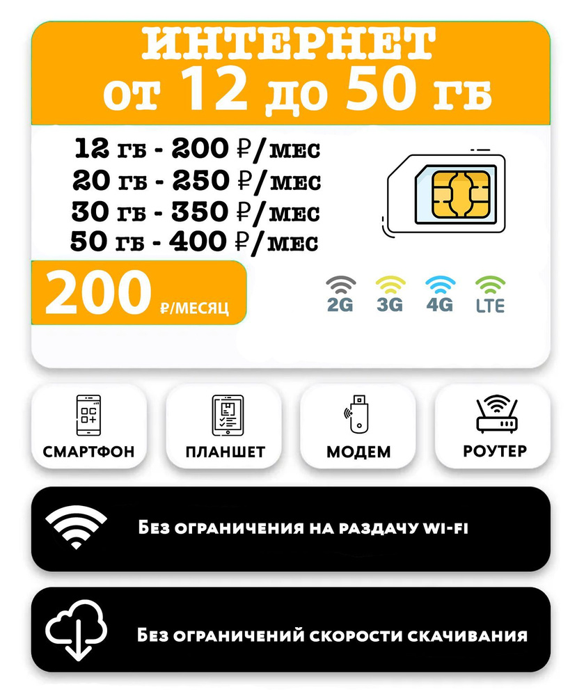 WHYFLY SIM-карта с интернетом 3G/4G/LTE + пакеты от 200 руб/мес (смартфоны, модемы, роутеры, планшеты) #1