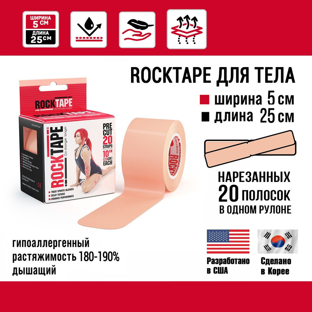 Кинезио тейп Rocktape pre-cut 5см х 25см (20 шт.), преднарезанный, бежевый  #1