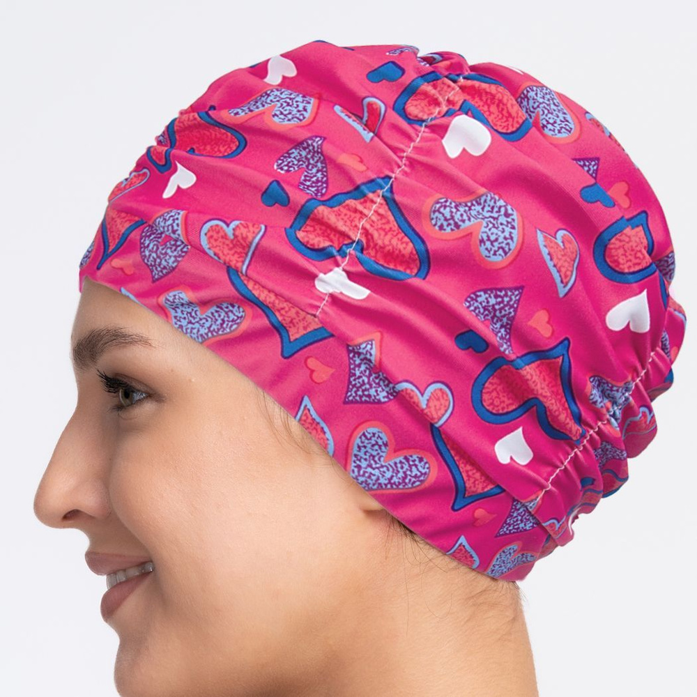 Тканевая шапочка для плавания / бассейна SwimRoom "Womens cap",взрослая, цвет розовый с сердечками  #1