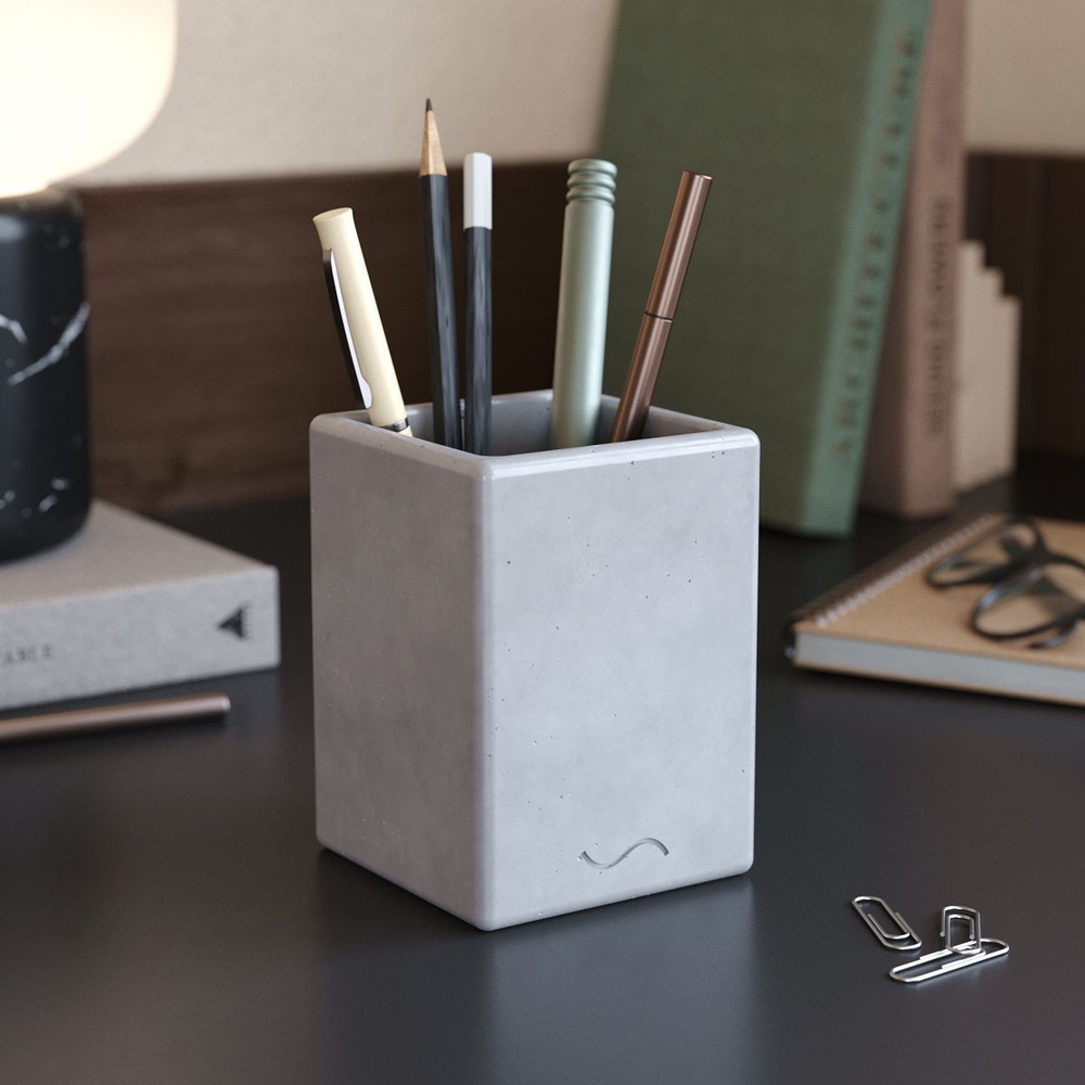 Стакан канцелярский Emily, подставка для ручек и карандашей, 11х8х8 см, бетон, серый глянцевый  #1