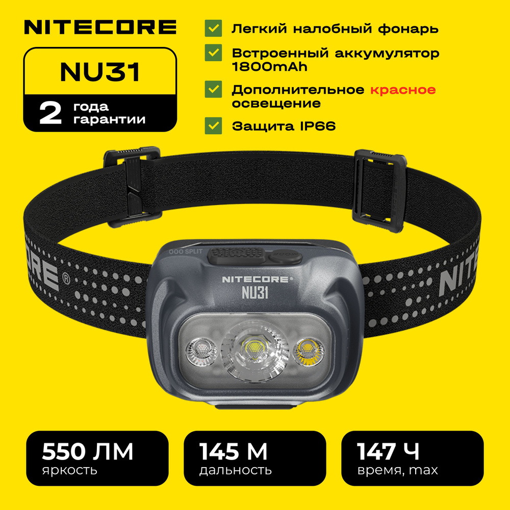 Налобный фонарь NITECORE NU31 аккумуляторный, светодиодный, туристический  #1