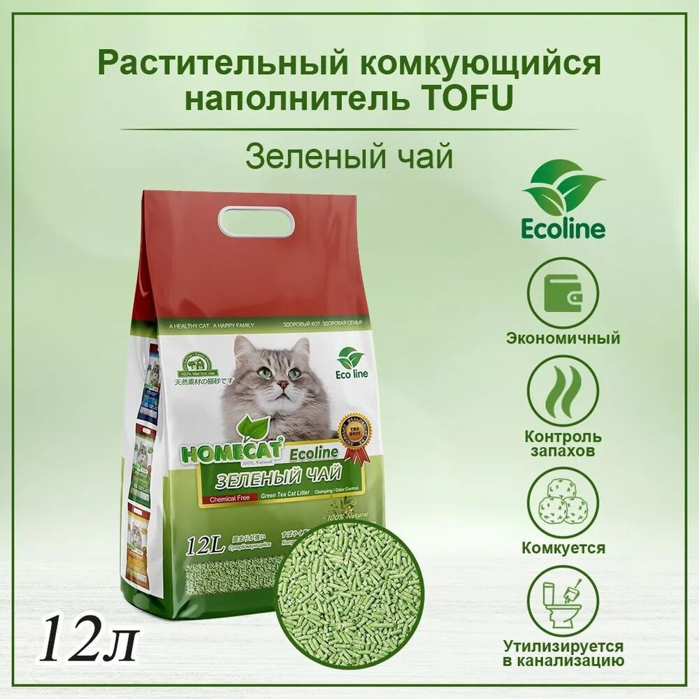 HOMECAT Ecoline Наполнитель для кошачьего туалета Зеленый чай комкующийся 12л/5,6кг  #1