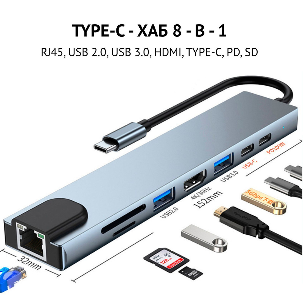 USB Type-C Хаб концентратор (8-в-1) высокоскоростной разветвитель адаптер хаб 8-в-1 USB Hub Type-C  #1