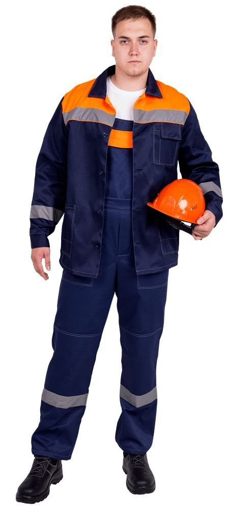 Костюм рабочий мужской Профи 170-176/52-54 т.синий/оранжевый, куртка и полукомбинезон, рабочая одежда, #1