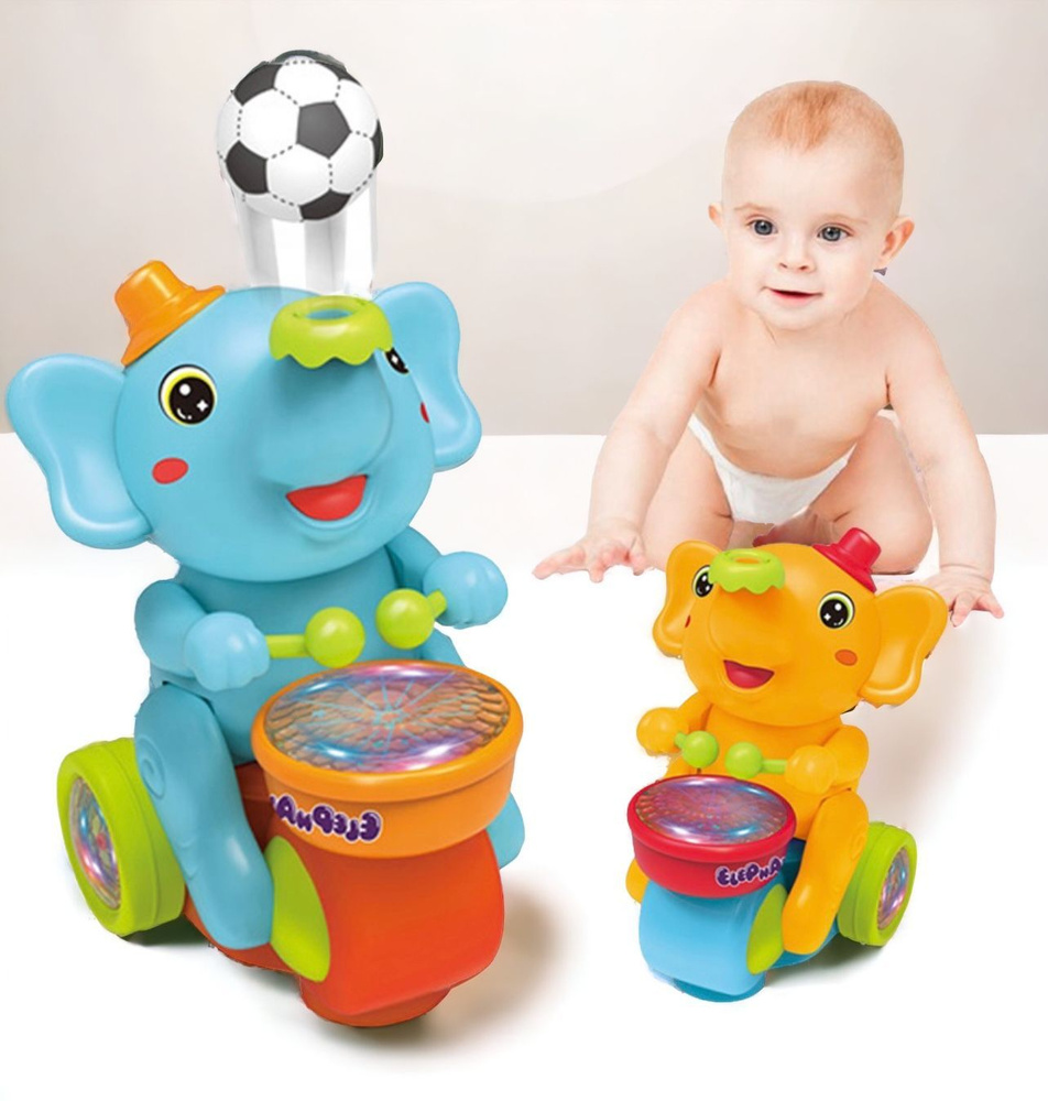 Музыкальная игрушка Веселый Слоненок с барабаном, едет, хоботом выдувает мяч, звуковые и световые эффекты #1
