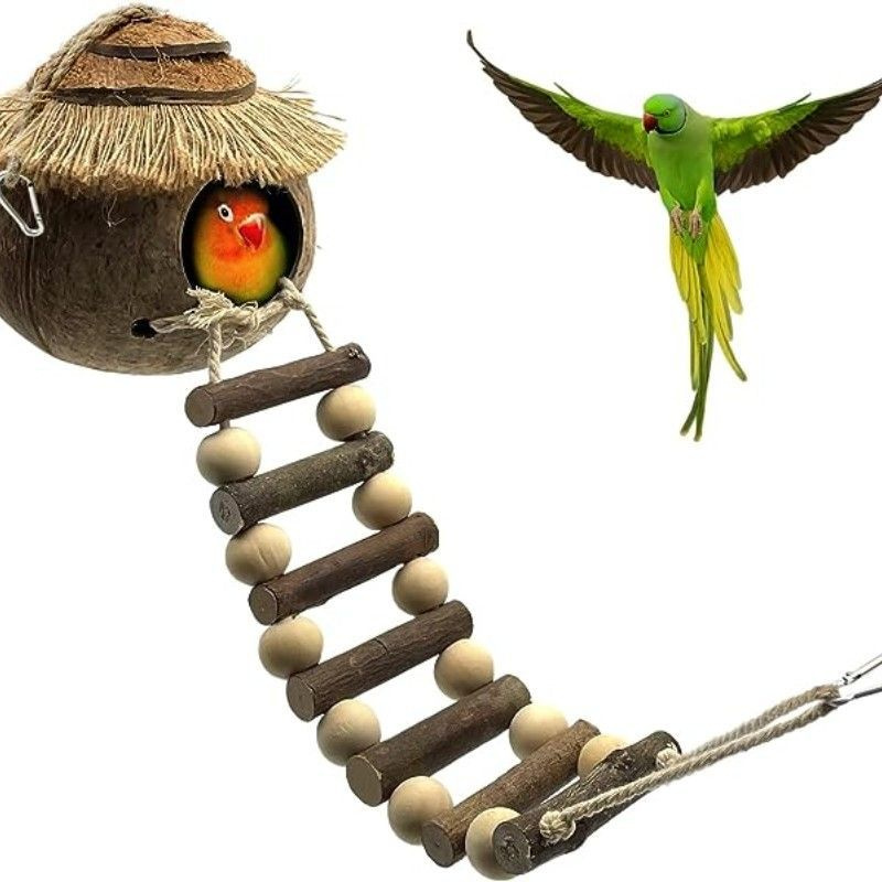 Домик для птиц из кокоса с лестницей, гнездо для разведения попугаев, лестницей 240 мм, Домик 140мм  #1