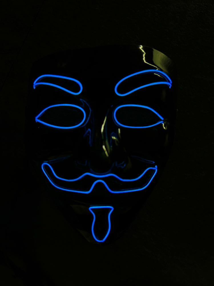 Неоновая маска Анонимуса черная с синим неоном, Гая Фокса (Карнавальная маска V - значит Вендетта), "Судная #1
