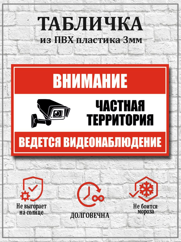 Табличка "Внимание, частная территория, ведется видеонаблюдение" - 30х21 см.  #1