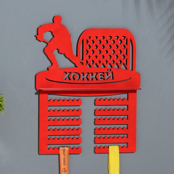Медальница с полкой "Хоккей" красный цвет, 42,5х27,5 см / 10084908  #1