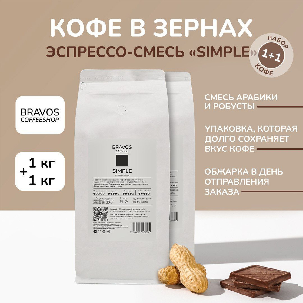 Кофе в зернах 2 кг, Эспрессо-смесь "Simple" , свежеобжаренный черный , арабика и робуста, натуральный #1