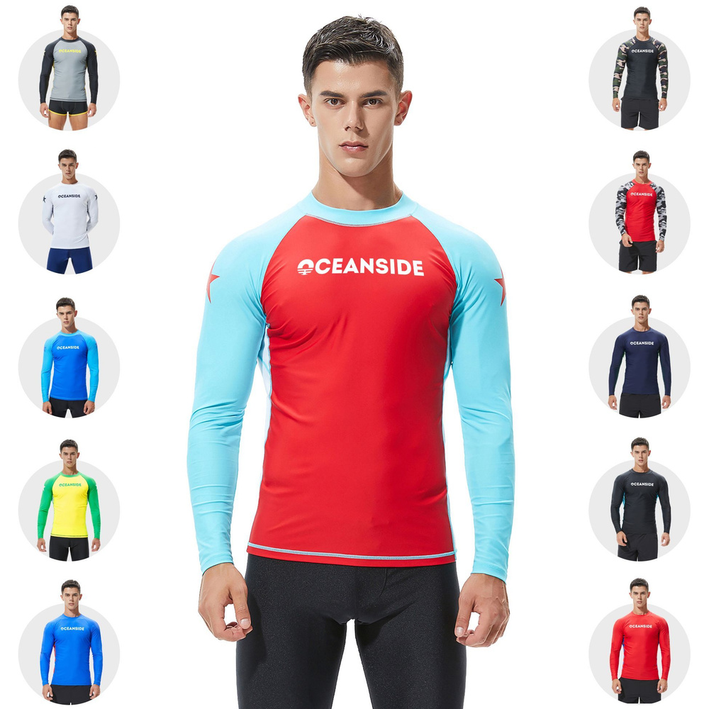 Гидромайка мужская футболка пляжная для плавания с рукавами Красная/Светло-голубая  #1