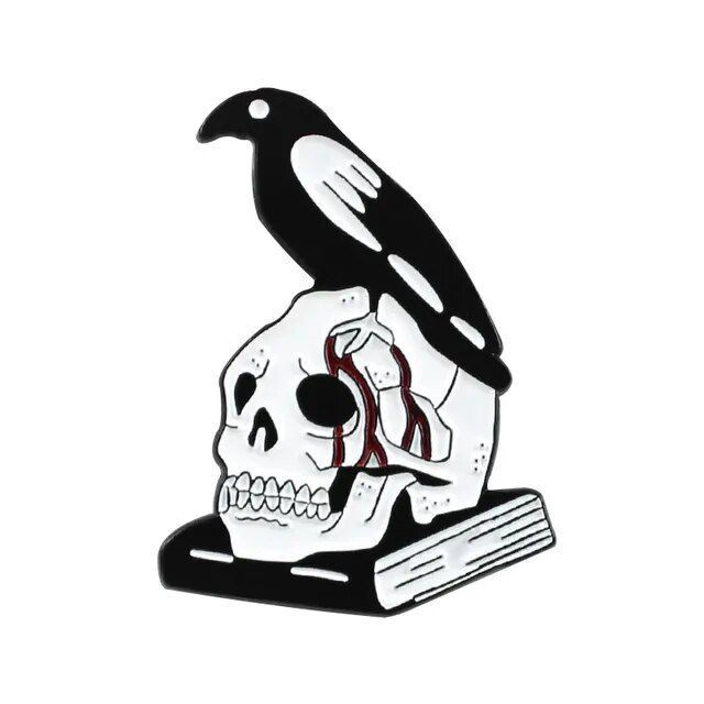 Металлический значок "Сорока, череп, книга", готический мрачный, хоррор, ужасы  #1