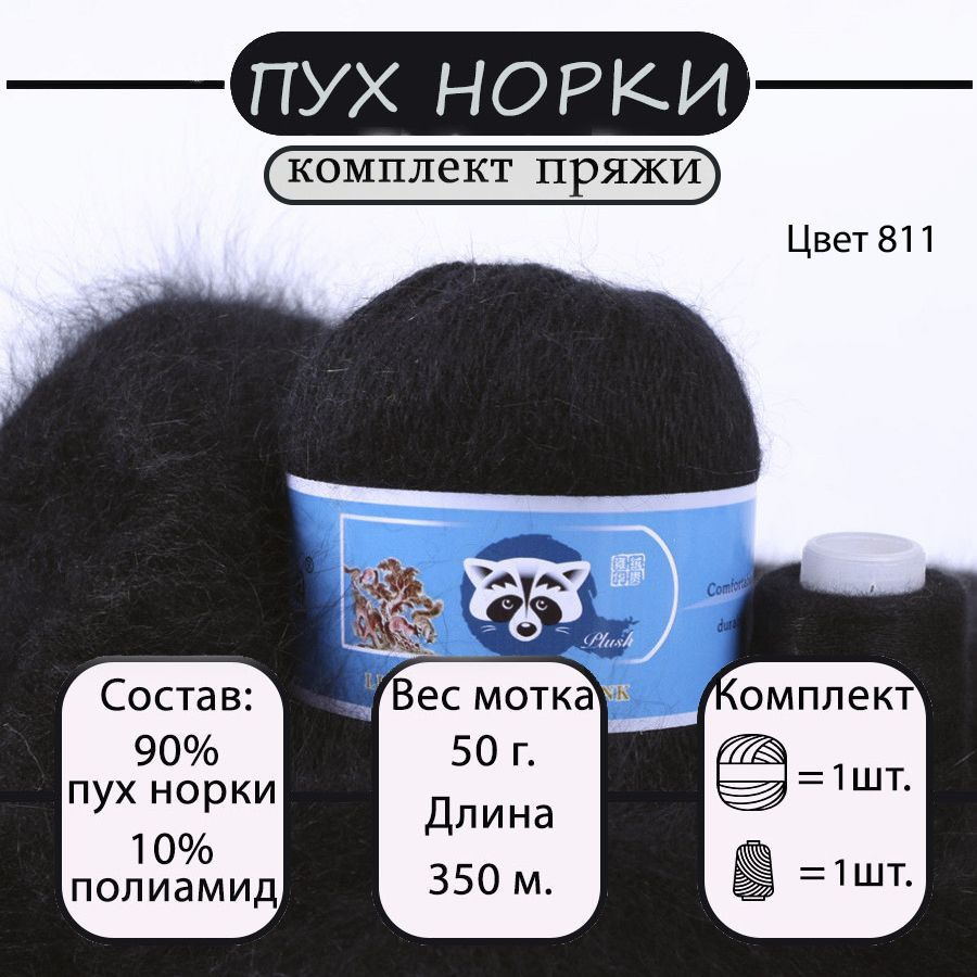 Пряжа Mink Wool Пух норки 50г, 350м (цвет 811 черный), 1шт+дополнительная нить  #1